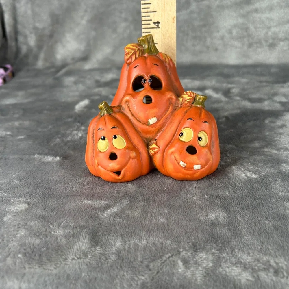 Vintage Halloween Ceramic Stacked Pumpkin Trio Tea Light Holder Jack-O-Lantern